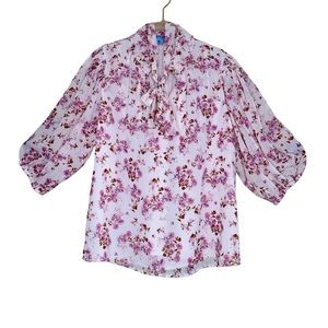 CeCe Sheer V-Neck Pink Floral Puffy Sleeve Blouse